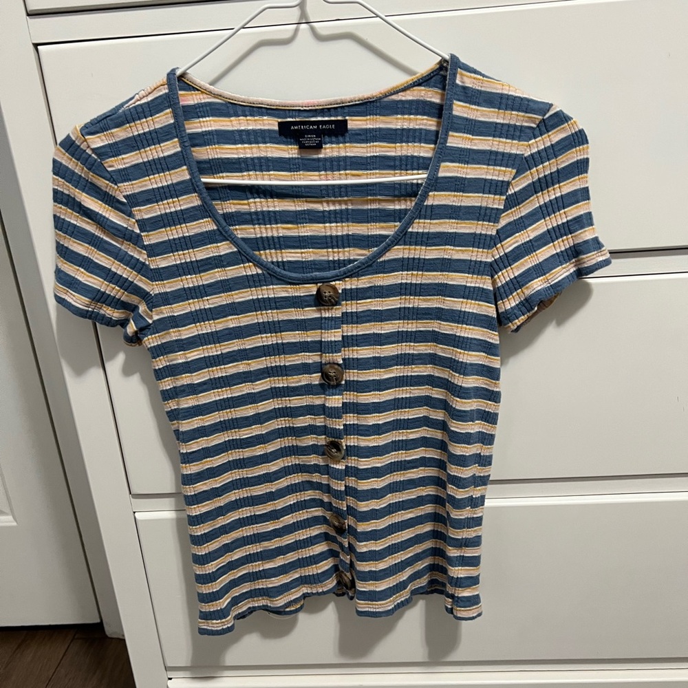 American Eagle Women’s Blue and Yellow Striped crop top size small